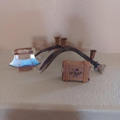 TRIPLE CANDLE ANTLER HOLDER, ULU KNIFE AND REPLICA AMMO CRATE
