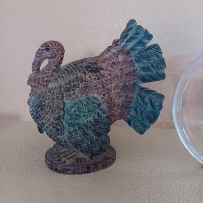 WOODEN CARVED TURKEY, SERVING BOWL AND A BREAD TILE
