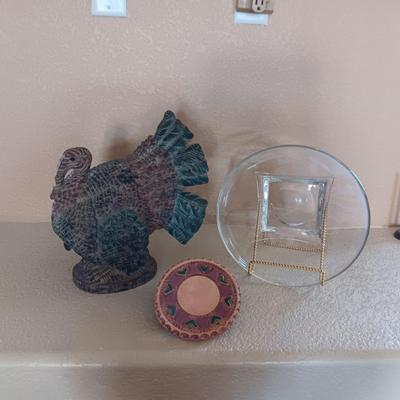 WOODEN CARVED TURKEY, SERVING BOWL AND A BREAD TILE