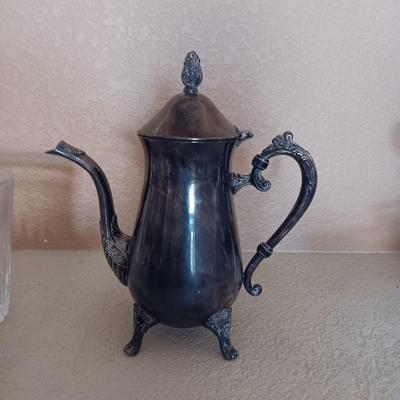 SILVER PLATE COFFEE SERVICE W/CREAM & SUGAR SET PLUS GLASS SERVING DISHES