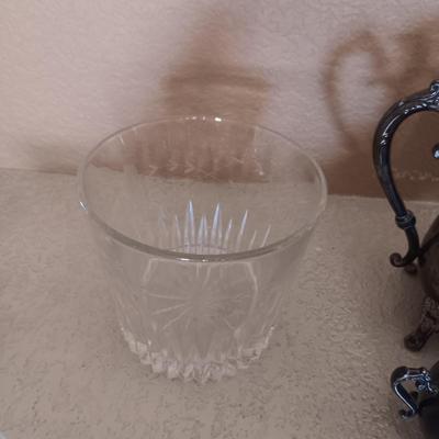 SILVER PLATE COFFEE SERVICE W/CREAM & SUGAR SET PLUS GLASS SERVING DISHES