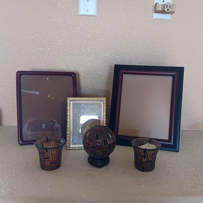 PICTURE FRAMES AND GLASS SPHERE AND CANDLE HOLDERS