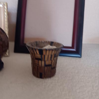PICTURE FRAMES AND GLASS SPHERE AND CANDLE HOLDERS
