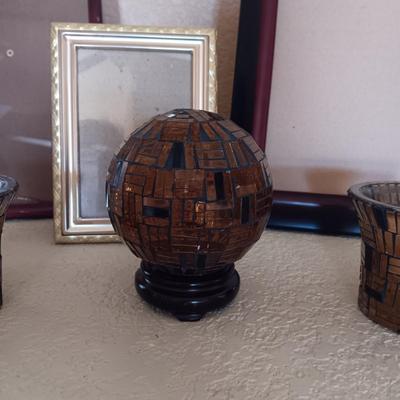 PICTURE FRAMES AND GLASS SPHERE AND CANDLE HOLDERS