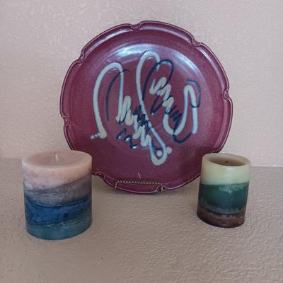 CLAY PLATTER AND 2 CANDLES