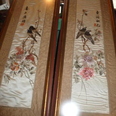 Pair of Framed Asian Art on Silk- Approx 36" x 13"