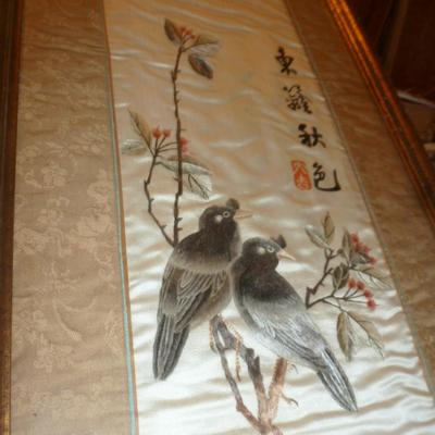 Pair of Framed Asian Art on Silk- Approx 36" x 13"