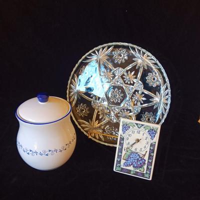GLASS PLATTER, CANISTER AND HANDMADE SMALL CLOCK