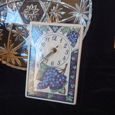 GLASS PLATTER, CANISTER AND HANDMADE SMALL CLOCK