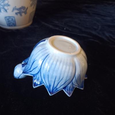 BLUE AND WHITE VASE AND PAIR OF CANDLE HOLDERS