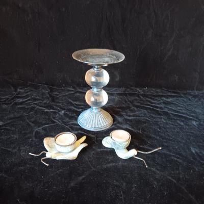SQUARE NEST PEDESTAL CANDLE HOLDER AND 2 CAST VOTIVE HOLDERS