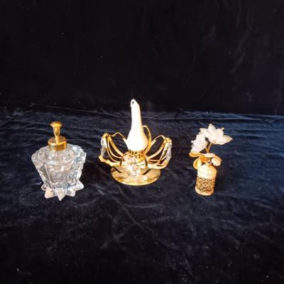 CRYSTAL PERFUME BOTTLE, LIPSTICK HOLDER AND CANDLE HOLDER