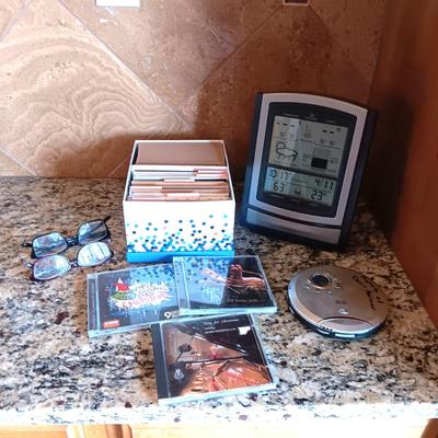 ATOMIC CLOCK AND THERMOMETER, GREETING CARDS, CD'S AND PLAYER