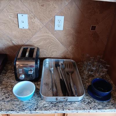 TOASTER, PYREX BOWL, BBQ UTENSILS, GLASS COFFEE MUGS AND MORE
