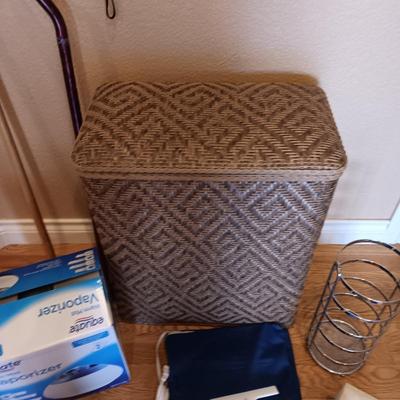 CLOTHES HAMPER, HUMIDIFIER, TP HOLDER, DOUBLE SIZE HEATING PAD AND 2 CANES
