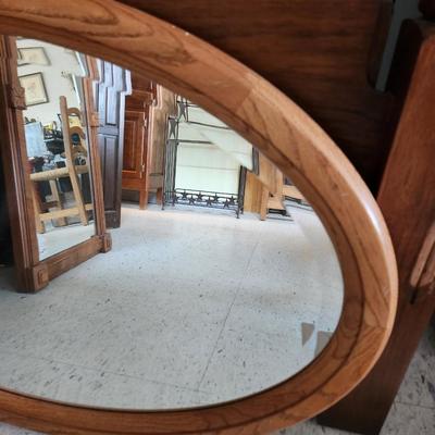 Oak oval beveled mirror