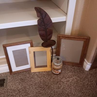 METAL LEAF CANDLE WALL SCONCE, FRAMES AND A YANKEE CANDLE