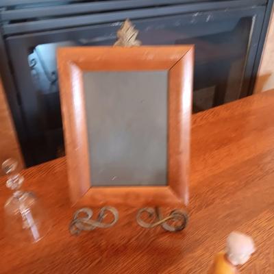 GLASS BELL, FIGURINES, WOODEN BOX AND FRAME W/IRON PLATE HOLDER