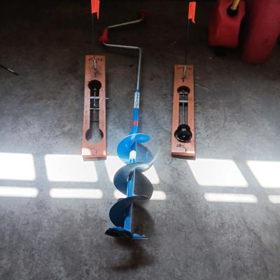 ICE FISHING HAND AUGER AND 2 POLAR II FISHING POLES