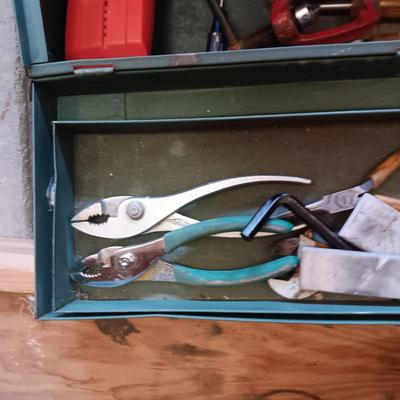 METAL TOOL BOX W/SHELF PLUS VARIOUS HAND AND POWER TOOLS