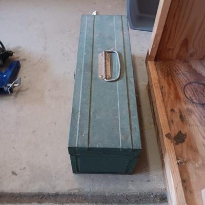 METAL TOOL BOX W/SHELF PLUS VARIOUS HAND AND POWER TOOLS