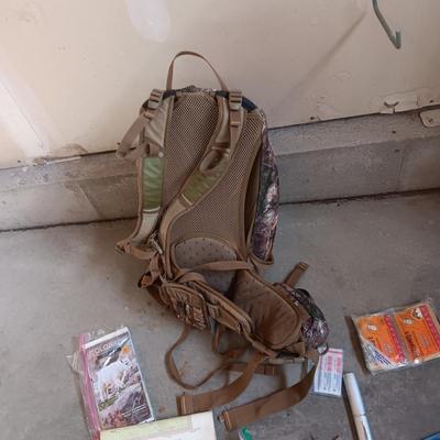CABELAS CAMO BACKPACK FILLED WITH MANY ESSENTIALS