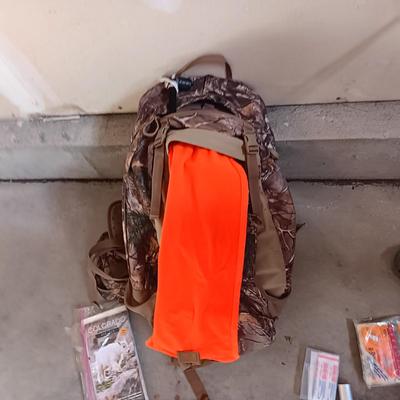 CABELAS CAMO BACKPACK FILLED WITH MANY ESSENTIALS