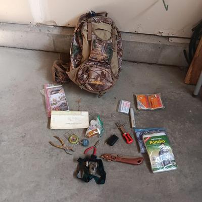 CABELAS CAMO BACKPACK FILLED WITH MANY ESSENTIALS