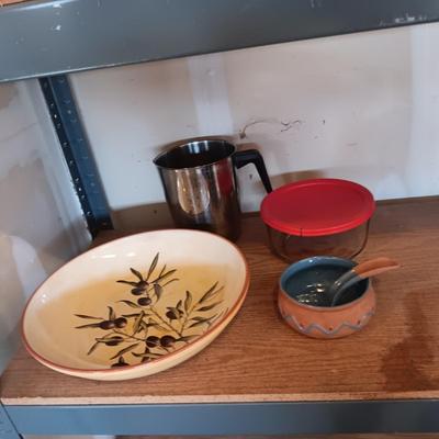 WILLIAMS SONOMA SPAGHETTI BOWL, SALSA AND PYREX BOWL, STAINLESS STEEL PITCHERS