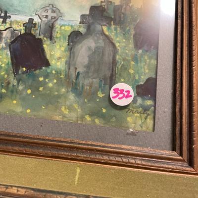 Framed Graveyard Watercolor, Signed Marty