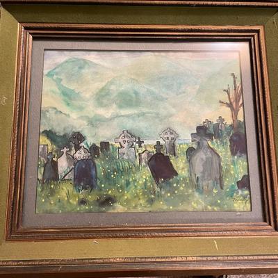 Framed Graveyard Watercolor, Signed Marty