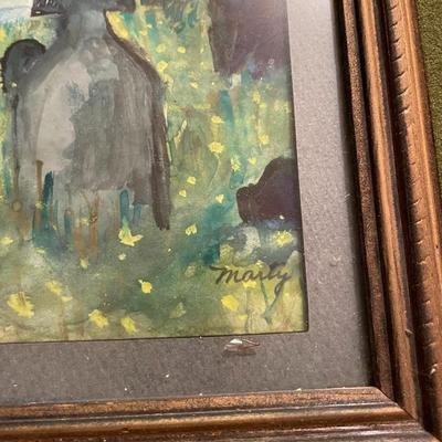 Framed Graveyard Watercolor, Signed Marty