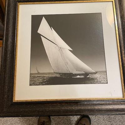 Framed Black and White Sailboat Print, Unsigned