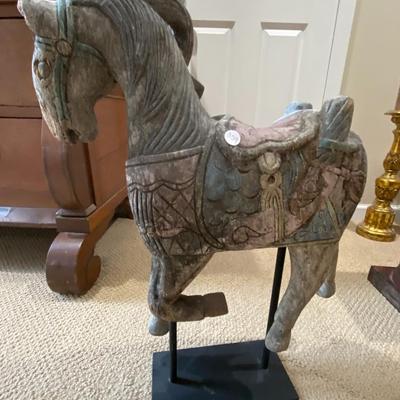 Vintage Hand-Carved Asian-Style Wooden Horse Statue