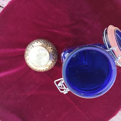 BLUE GLASS CANISTER AND BRASS BOWL FROM INDIA