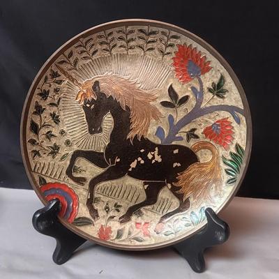 BRASS FRAMED PICTURE MADE IN ENGLAND AND A CLOISONNE UNICORN