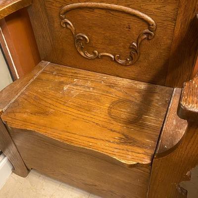 Antique Tiger Oak Hall Tree with Mirror