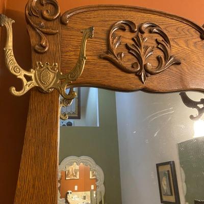 Antique Tiger Oak Hall Tree with Mirror