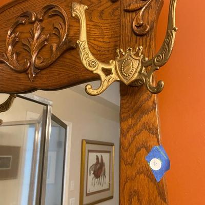 Antique Tiger Oak Hall Tree with Mirror