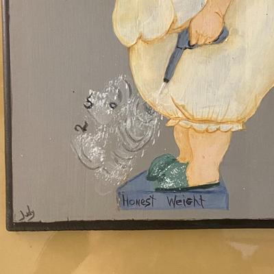 Framed Oil on Canvas "Honest Weight" Painting, Signed Judy