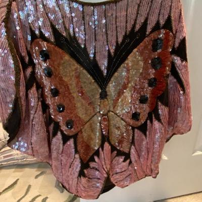 90s Vintage Sequin/Beaded Butterfly Silk Top