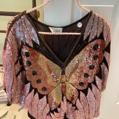 90s Vintage Sequin/Beaded Butterfly Silk Top