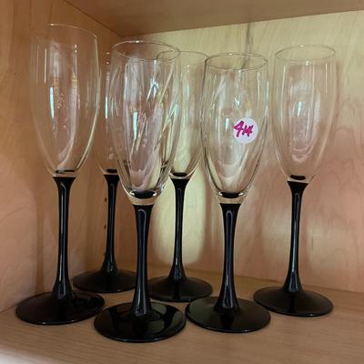 Set of Six Black Stem Champagne Glasses
