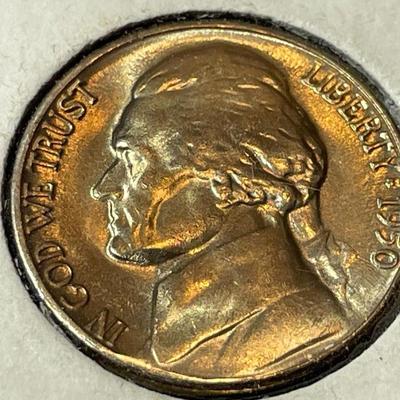 1950-D BRILLIANT UNCIRCULATED KEY DATE JEFFERSON NICKEL AS PICTURED.