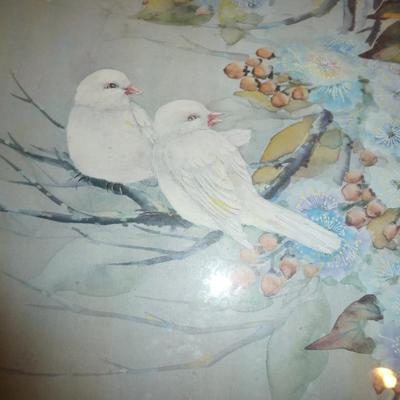 Framed Asian Print- Birds and Floral Design- Approx 33" x 23"