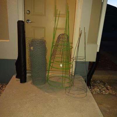 ROLL OF CHICKEN WIRE, TOMATO CAGES AND WEED BARRIER