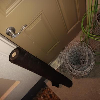 ROLL OF CHICKEN WIRE, TOMATO CAGES AND WEED BARRIER