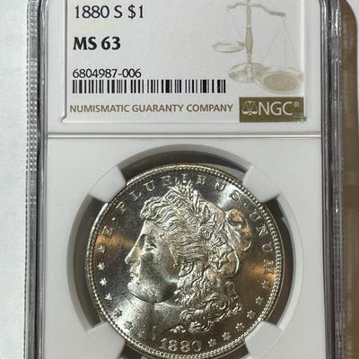 NGC CERTIFIED 1880-S NICE ORIGINAL MS63 GRADED MORGAN SILVER DOLLAR AS PICTURED.