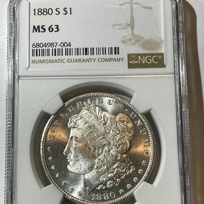 NGC CERTIFIED 1880-S "LARGE-S" NICE ORIGINAL MS63 GRADED MORGAN SILVER DOLLAR AS PICTURED.