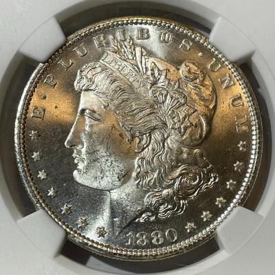 NGC CERTIFIED 1880-S "LARGE-S" NICE ORIGINAL MS63 GRADED MORGAN SILVER DOLLAR AS PICTURED.